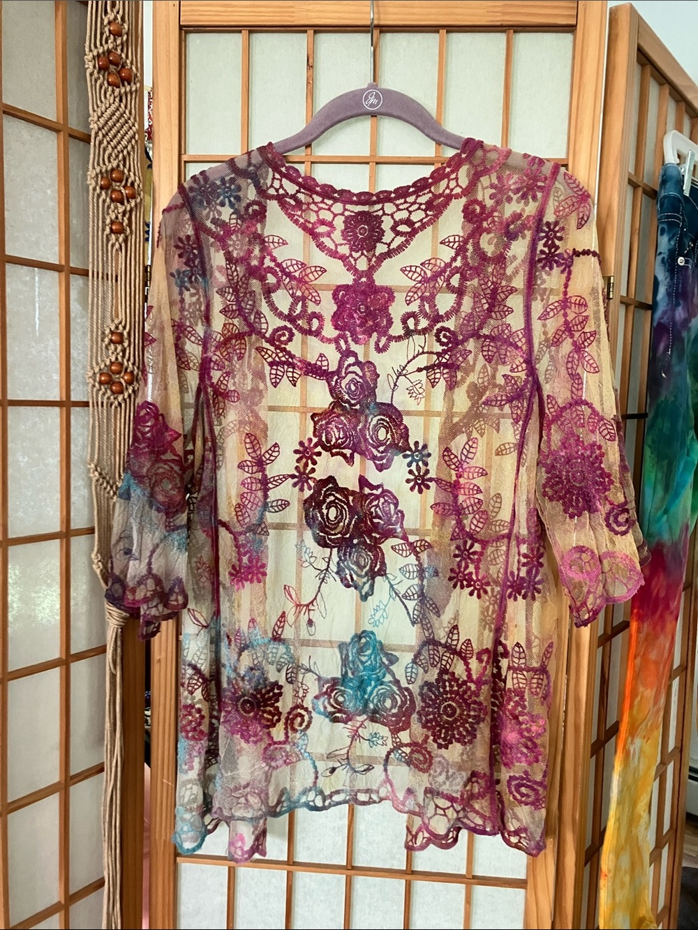 HAND DYED Tie Dye Sheer Mesh Embroidered Kimono - See Measurements OOAK - Picture 4 of 4